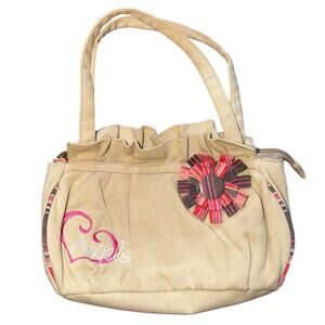 Angels Y2K Tan Denim Mini Bag with Striped Heart & Flower Accent